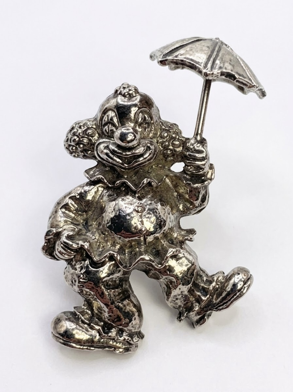 Vintage Silver Tone Heavy Metal Circus Clown with Umbrella 3” Figurine